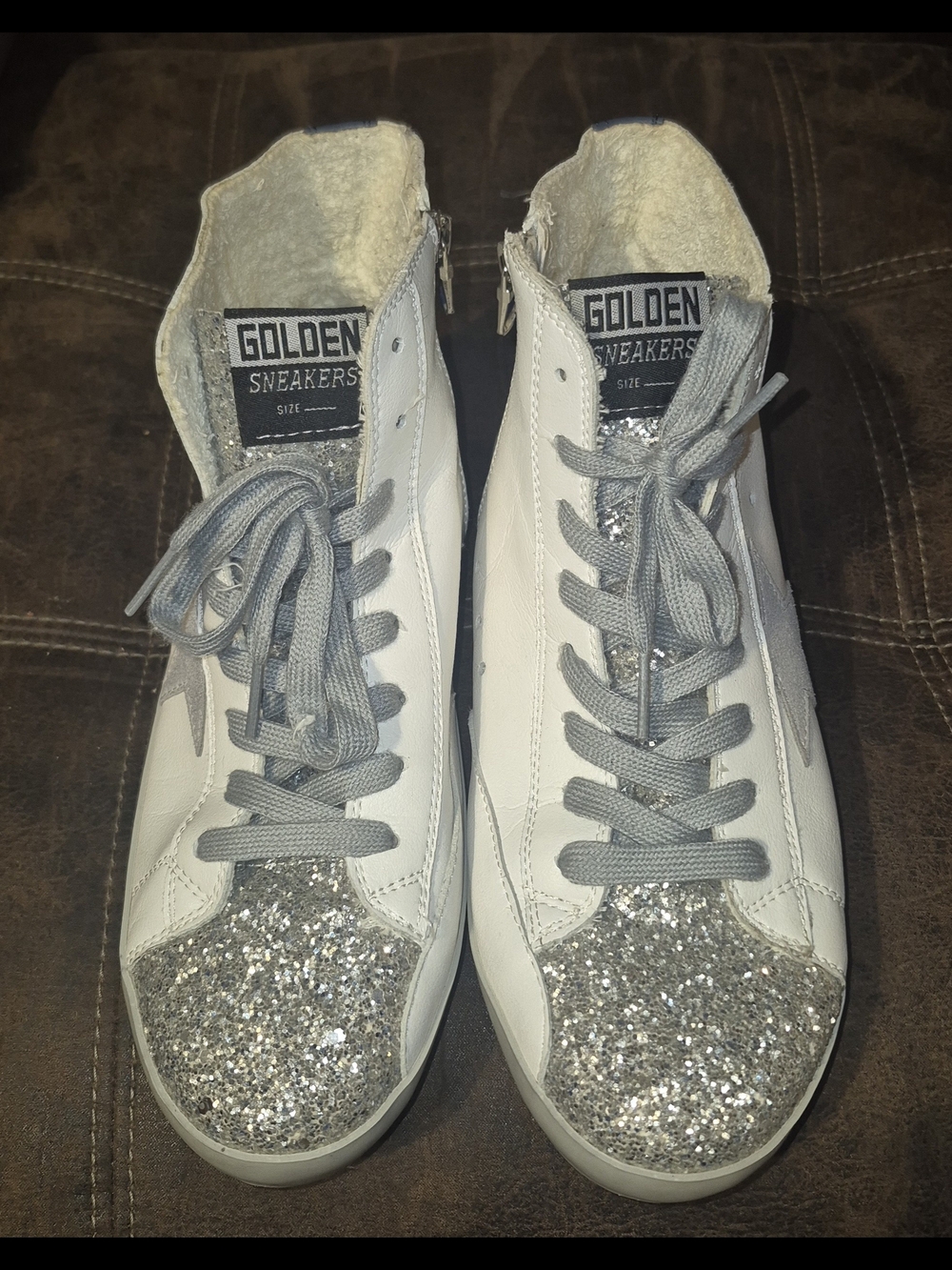 Golden Sneakers White High-Top Sneakers with Silver Glitter Toe & Glitter Stars